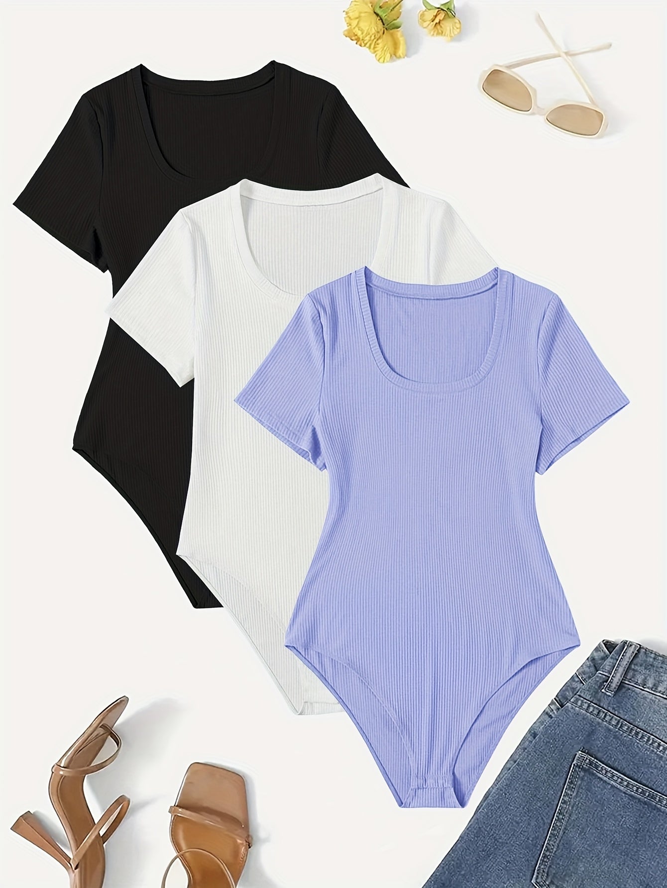 Women's Plus Size Stretchy Bodysuits Solid Color Crew Neck Short Sleeve Set