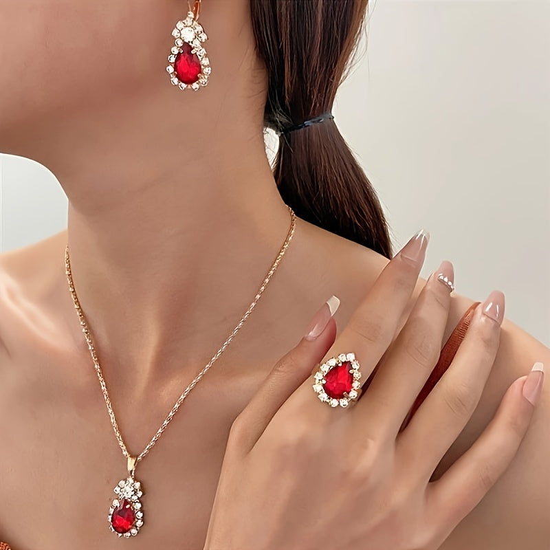 Women’s Alloy Jewelry Set with Teardrop Pendant Earrings and Ring for Daily Wear