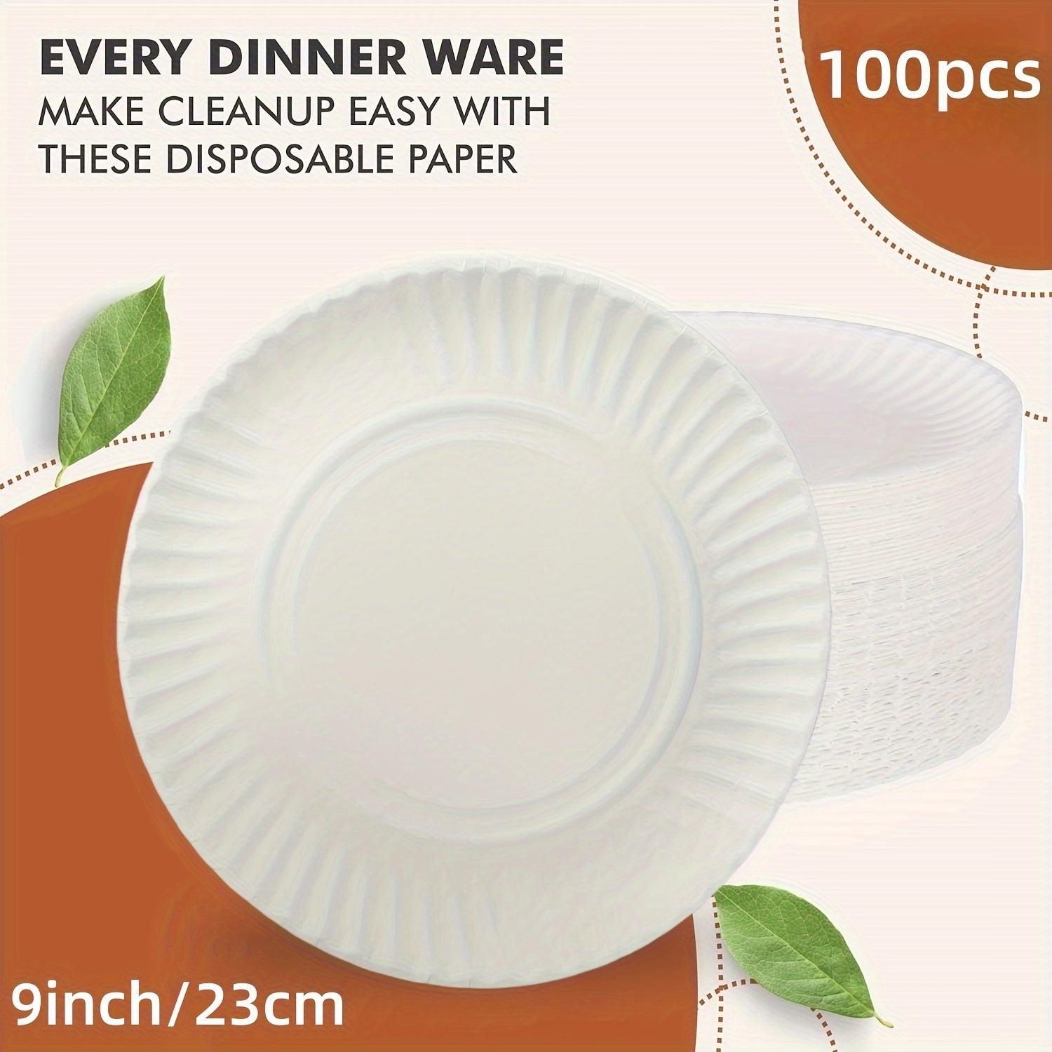 100-Pack 9-Inch Uncoated Paper Plates for Parties, Snacks, BBQs, Dinners