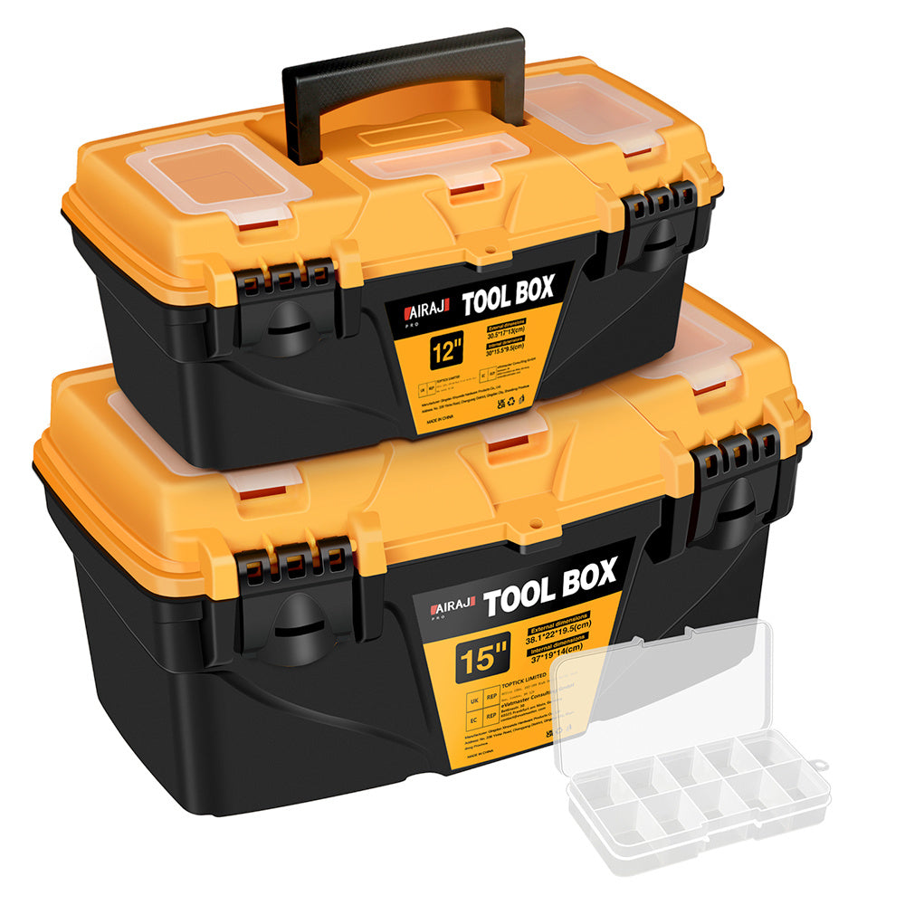 Plastic Toolbox Set 12 and 15 Inch Heavy Duty Storage Suitcase for Home Garage and Workshop