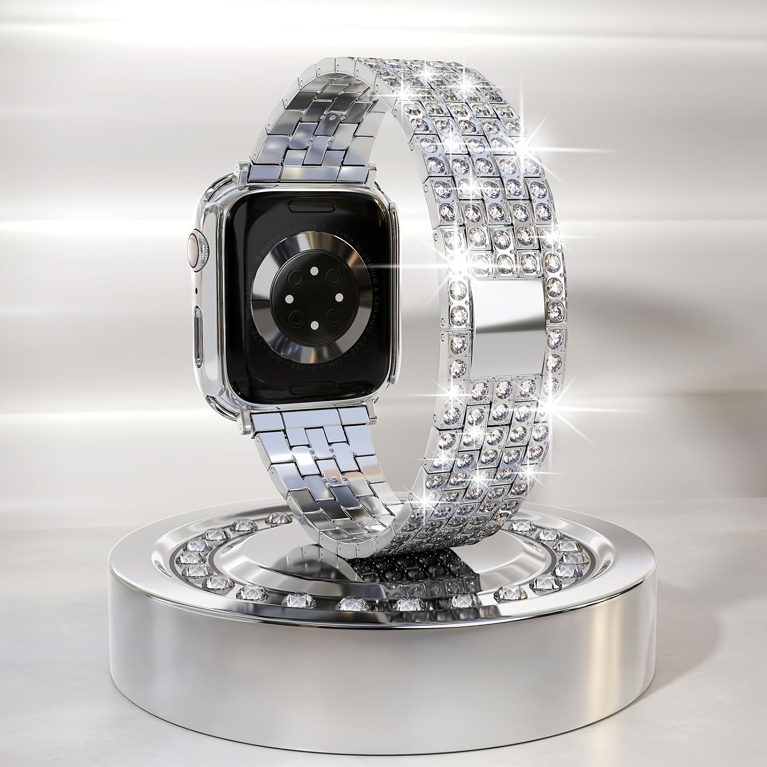 2-в-1 ремешок для часов с полым корпусом, совместимый с ремешками Apple Watch 38mm-46mm + корпус. Женские украшения, сверкающий заменяемый металлический ремешок с алмазными стразами и 2 шт. защитного покрытия из ПК. Нет