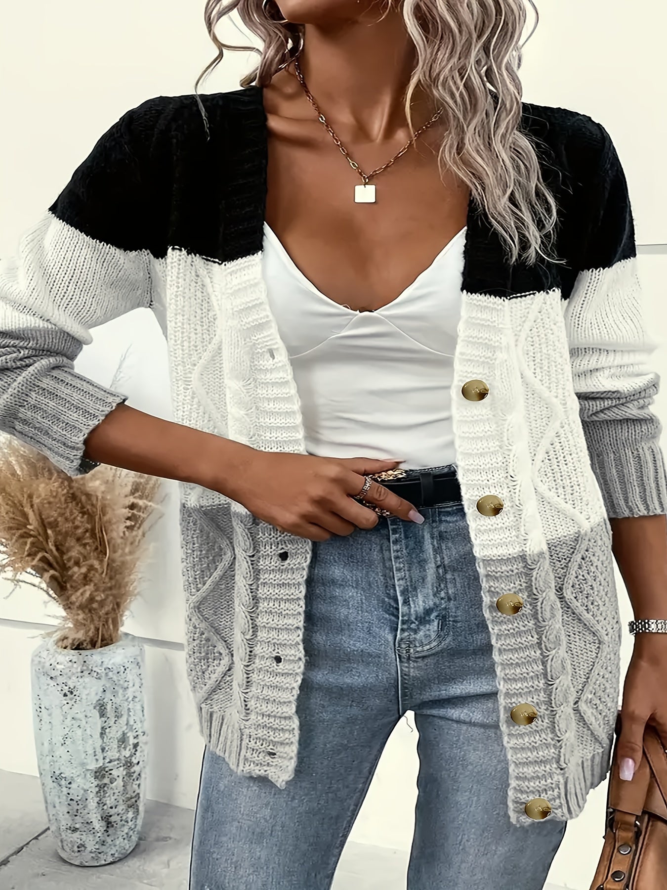 Plus o'lcham ayollar uchun rang-blok kardigan uzun qolli ochiq oldi sviter