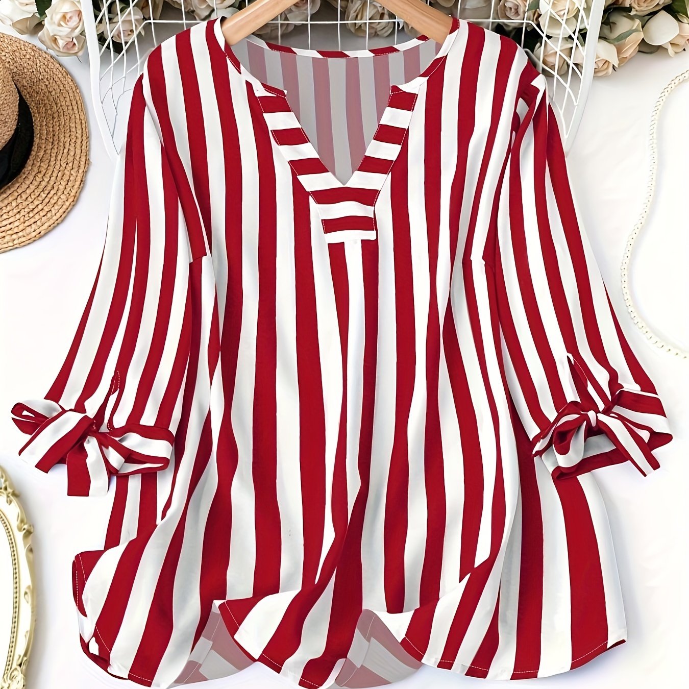 Women's Striped V-Neck Blouse with Lace-Up Cuff Sleeves for Spring and Fall