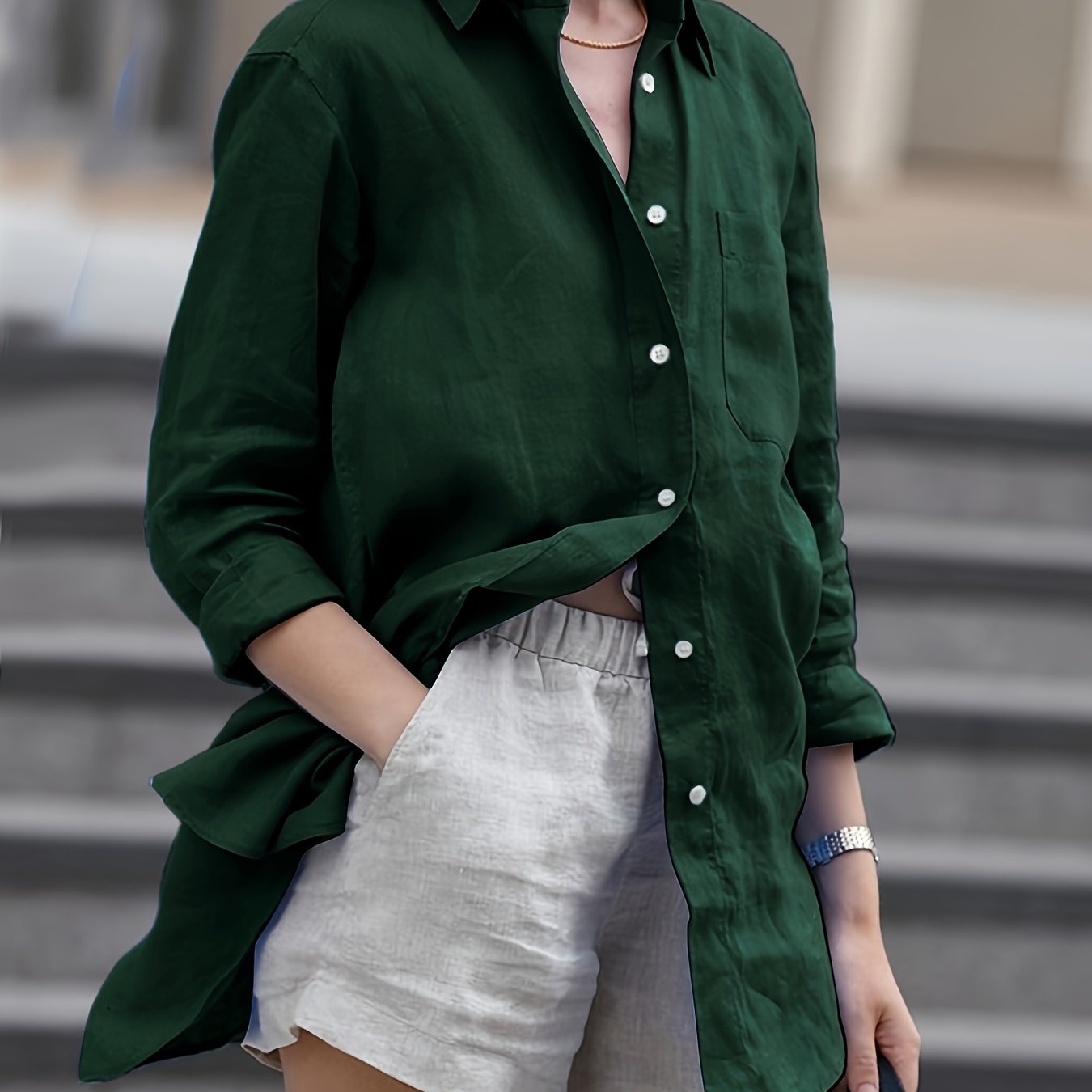 Plus Size Women Solid Color Button-Up Shirt Casual Dressy Top