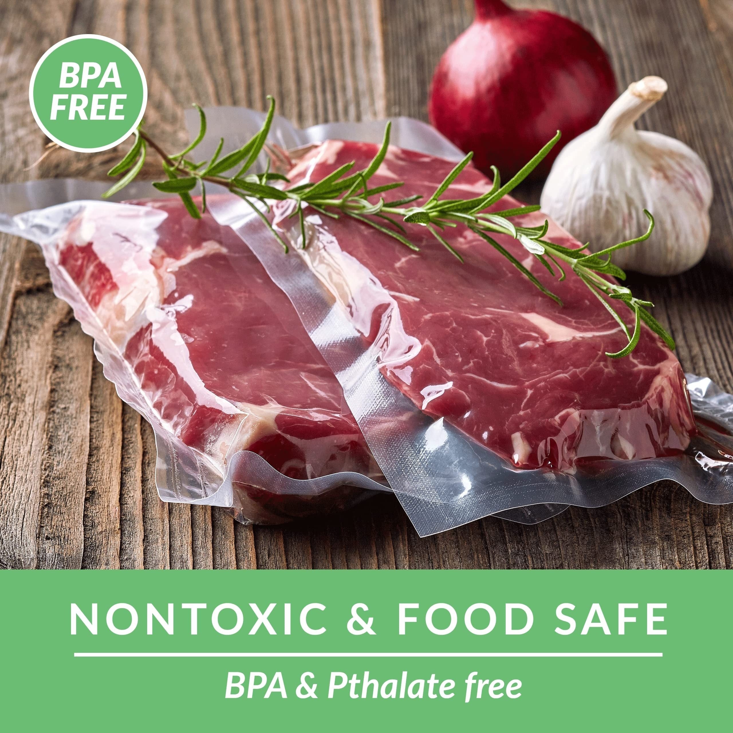 Oziq-ovqat saqlash uchun turli o'lchamdagi beshta vakuumli sumka. Ushbu sumkalar bisfenol A dan xoli va oziq-ovqatni saqlash va qadoqlash uchun ideal bo'lgan yetti qatlamli ko-extruded olmos naqshli vakuum filmi bilan tayyorlangan.