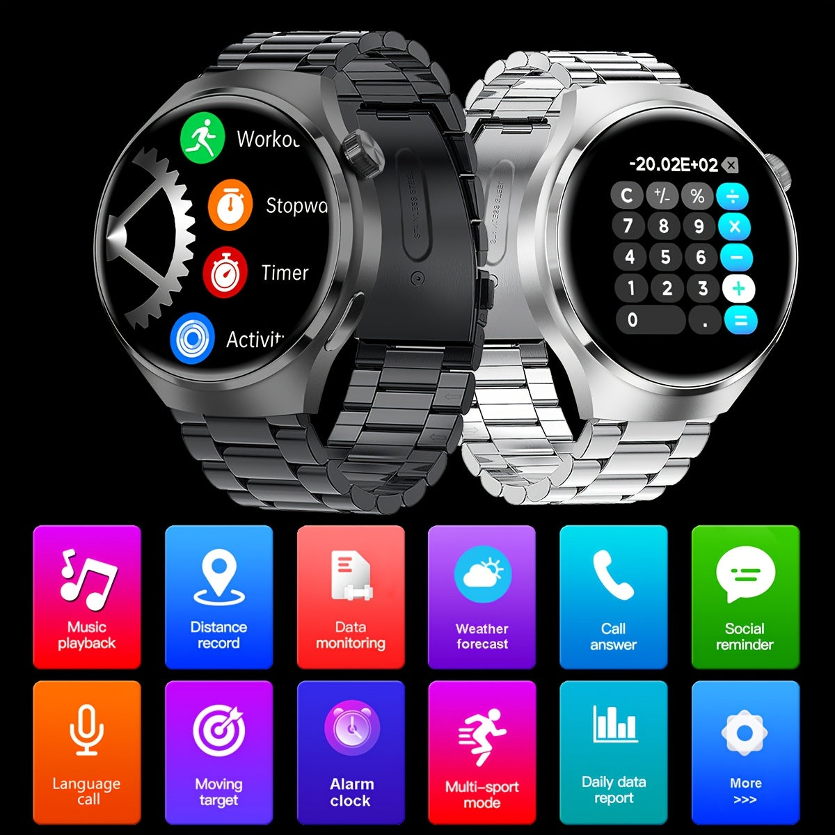Men's Smartwatch 1.39-Inch Full Touch Display Stainless Steel Strap Water-Resistant IP68