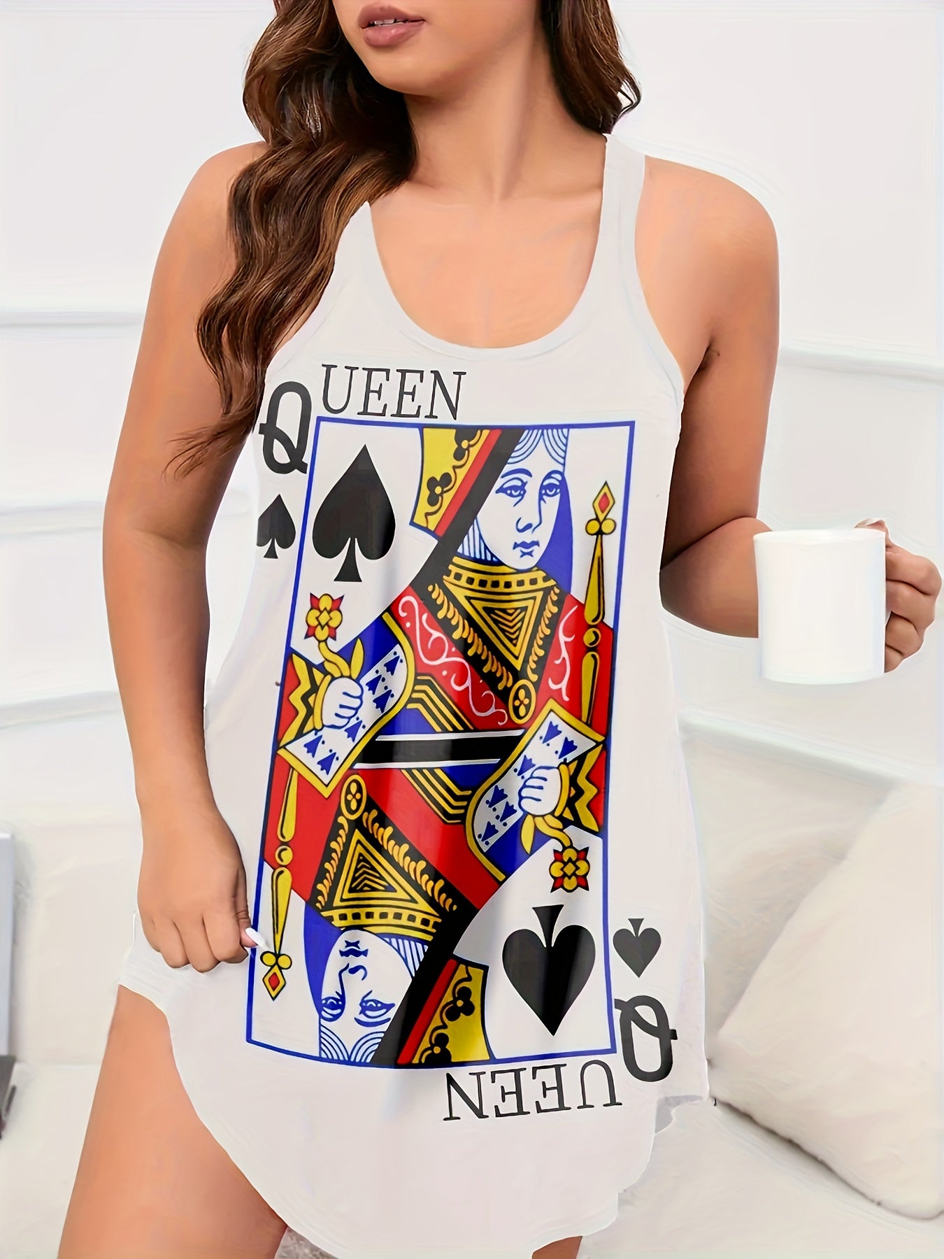 Women's Casual Poker Print Nightgown with Round Neck and Racer Back Tank Style
