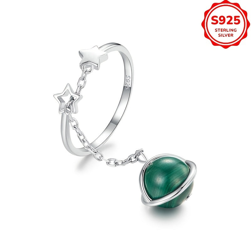 Sterling Silver Open Ring for Women with Malachite Adjustable Jewelry