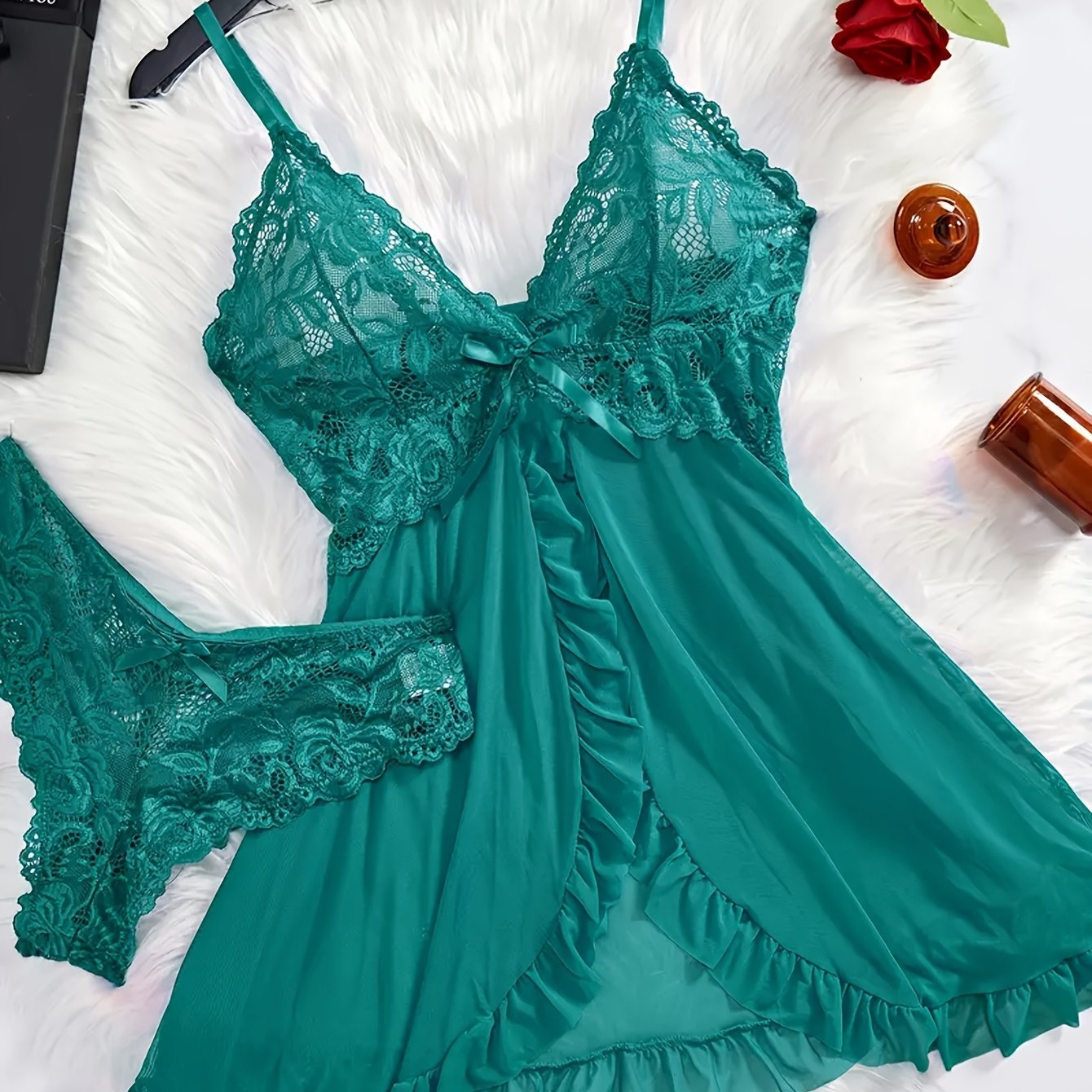 Women's Lace Pajama Set with Backless Dress and Thong Sleepwear