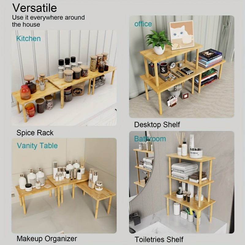 Set of 3 Bamboo Cabinet Organizers Adjustable Countertop Shelves Kitchen Storage Rack