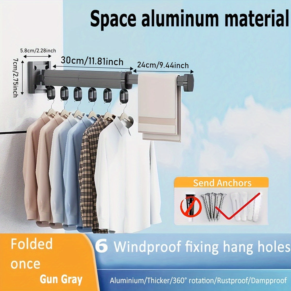 Wall-Mounted Folding Clothes Rack with Telescopic Drying Rod Space-Saving Clothes Dryer with Hooks