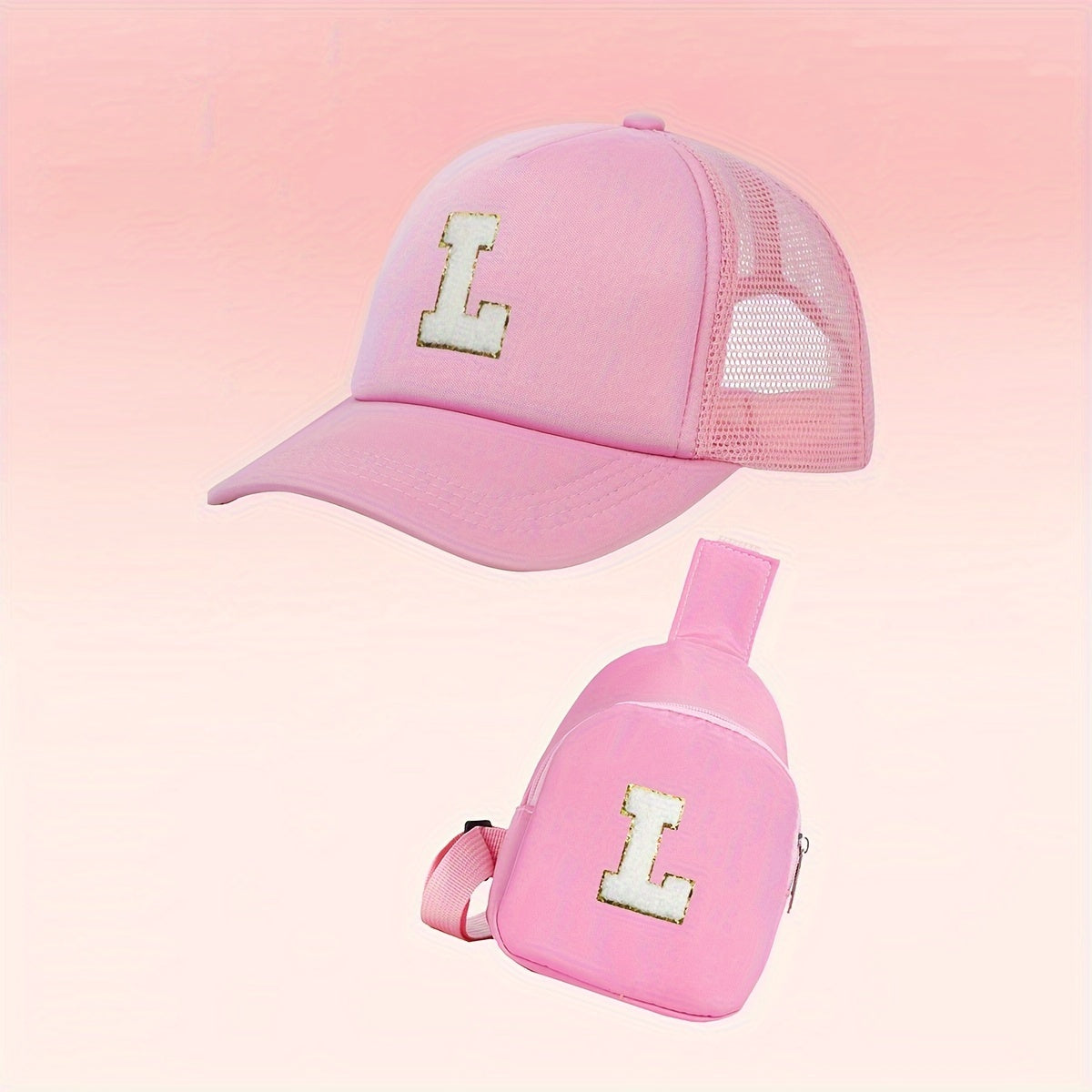 Girls Alphabet-Themed 2-Piece Baseball Cap and Bag Set Polyester Breathable Fitted for Ages 3-14