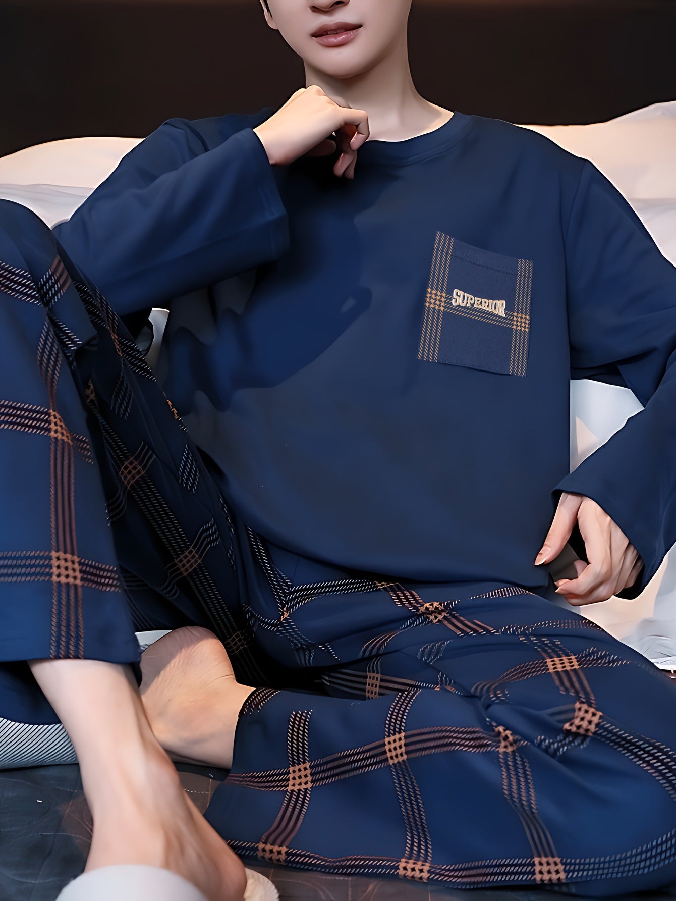 Men's Spring and Autumn Pajama Set Long Sleeve Casual Large Size Polyester Knit