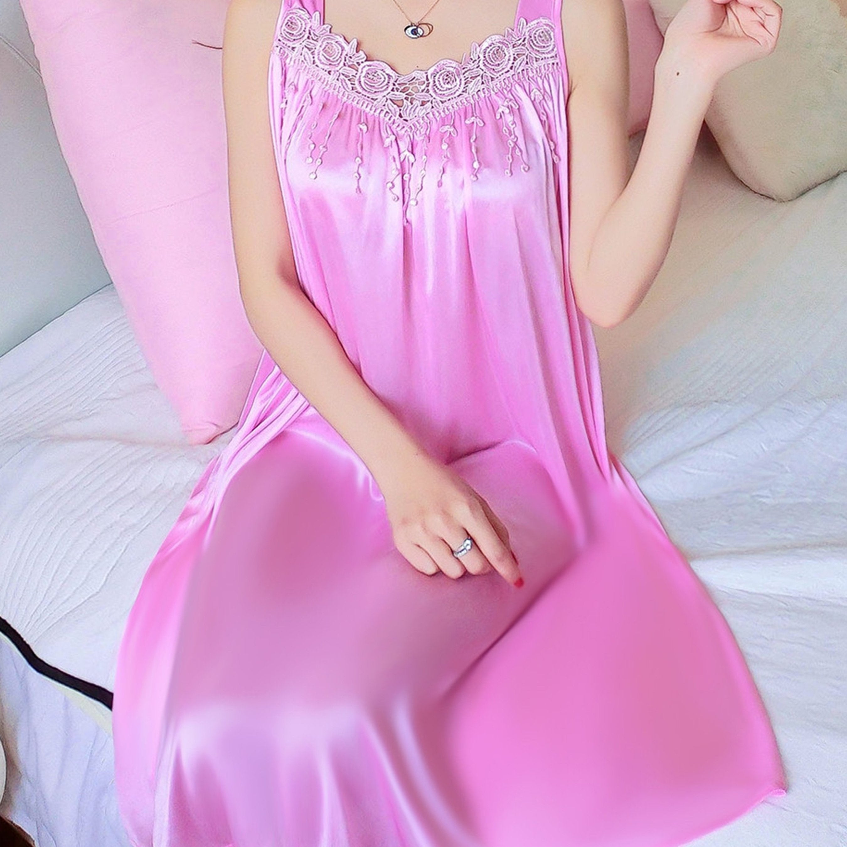 Plus Size Women's Spaghetti Strap Silk Sleep Dress Red Lounge Nightgown