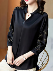 Women's Embroidered Notched Neck Blouse with 3/4 Sleeves for Spring and Fall