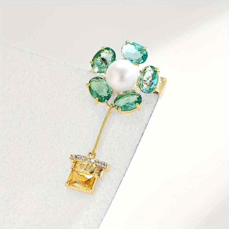 Vintage Green Zirconia and Pearl Flower Brooch Quirky Plant-Shaped Fashion Pin
