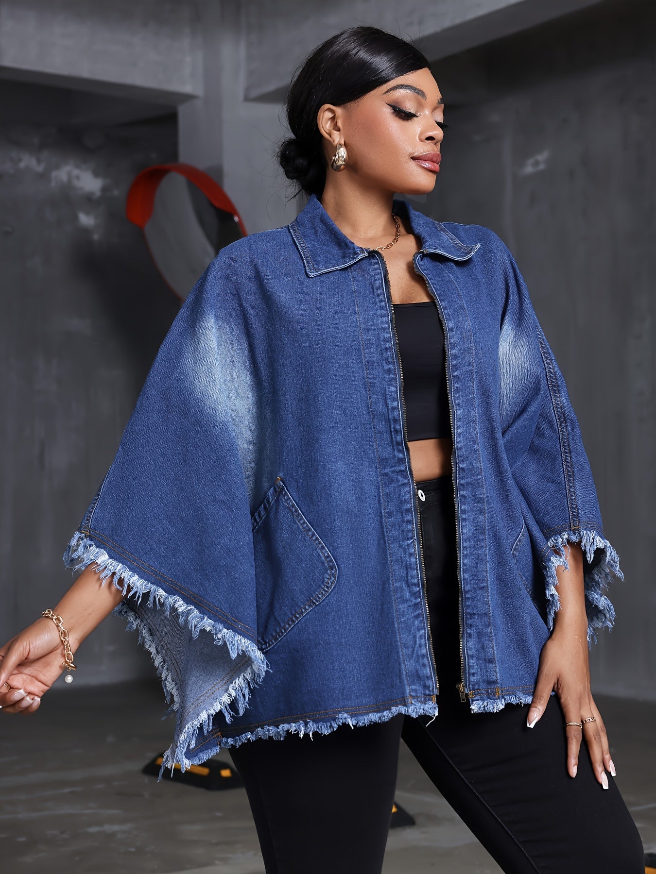 Women Plus Size Denim Coat Loose Fit Batwing Sleeve Washed Blue Denim Outerwear