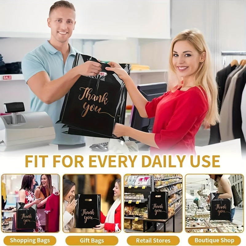 100-Pack Black Water-Resistant PE Thank You Bags with Die Cut Handles for Retail and Gifts