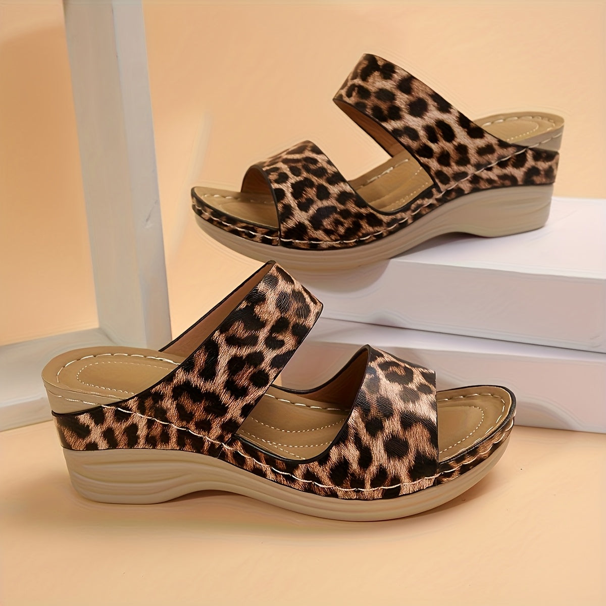 Women's Leopard Print Platform Sandals Open Toe Wedge Cushioned Insole