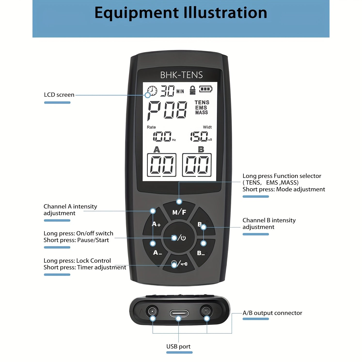 BHK-TENS Qayta zaryadlanadigan TENS qurilmasi - Og'riq terapiyasi uchun USB orqali zaryadlanadigan EMS mushak stimulyatori