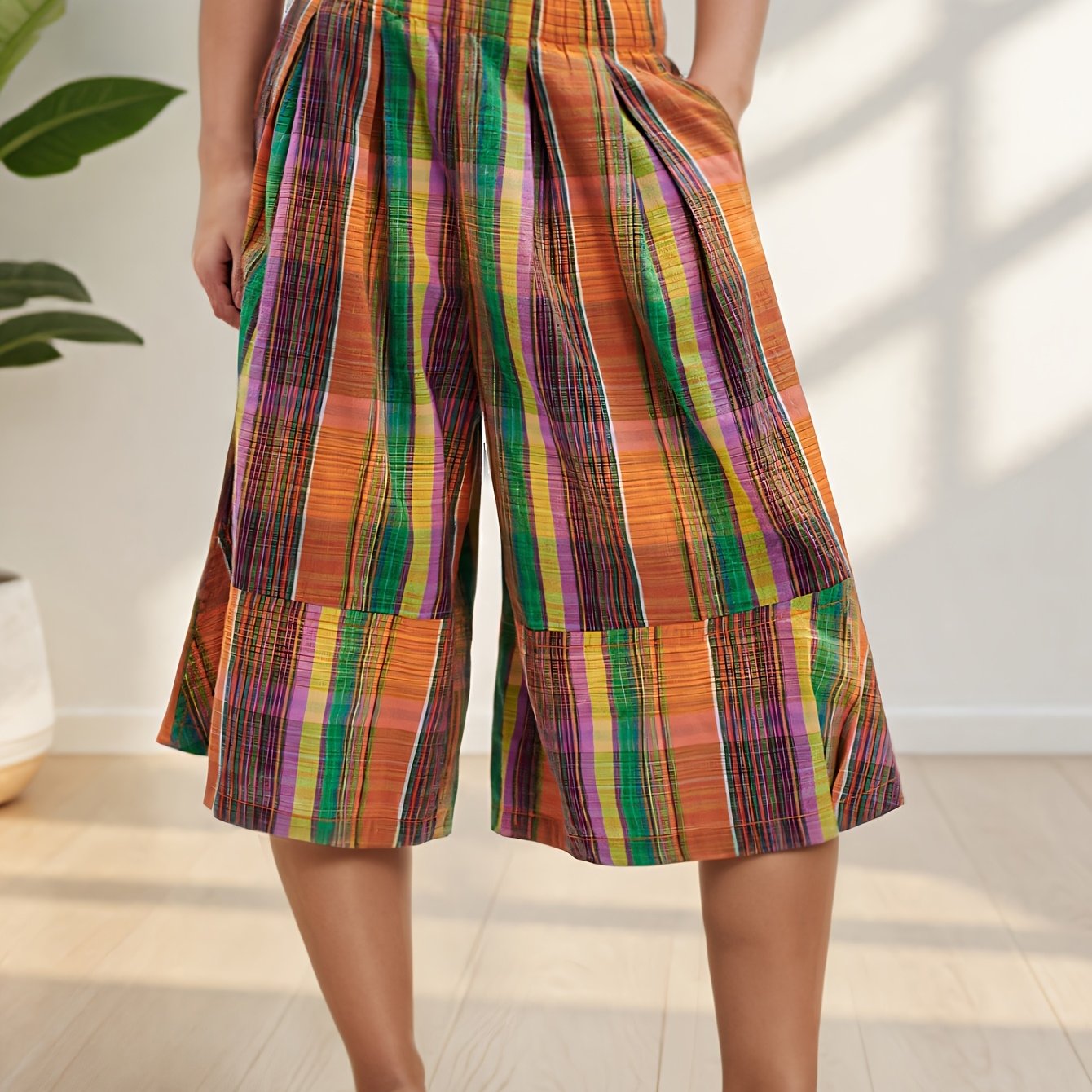 Women Plus Size Summer Beach Palazzo Pants Colorful Striped Loose Fit