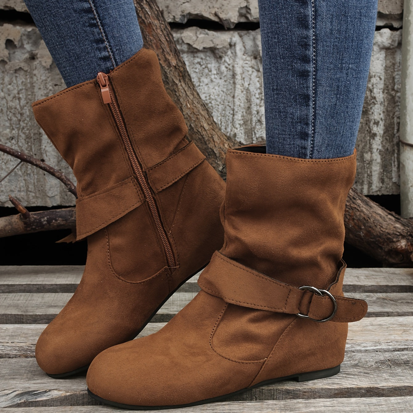 Women's Ankle Boots Solid Color Round Toe Buckle Side Zipper Outdoor Shoes