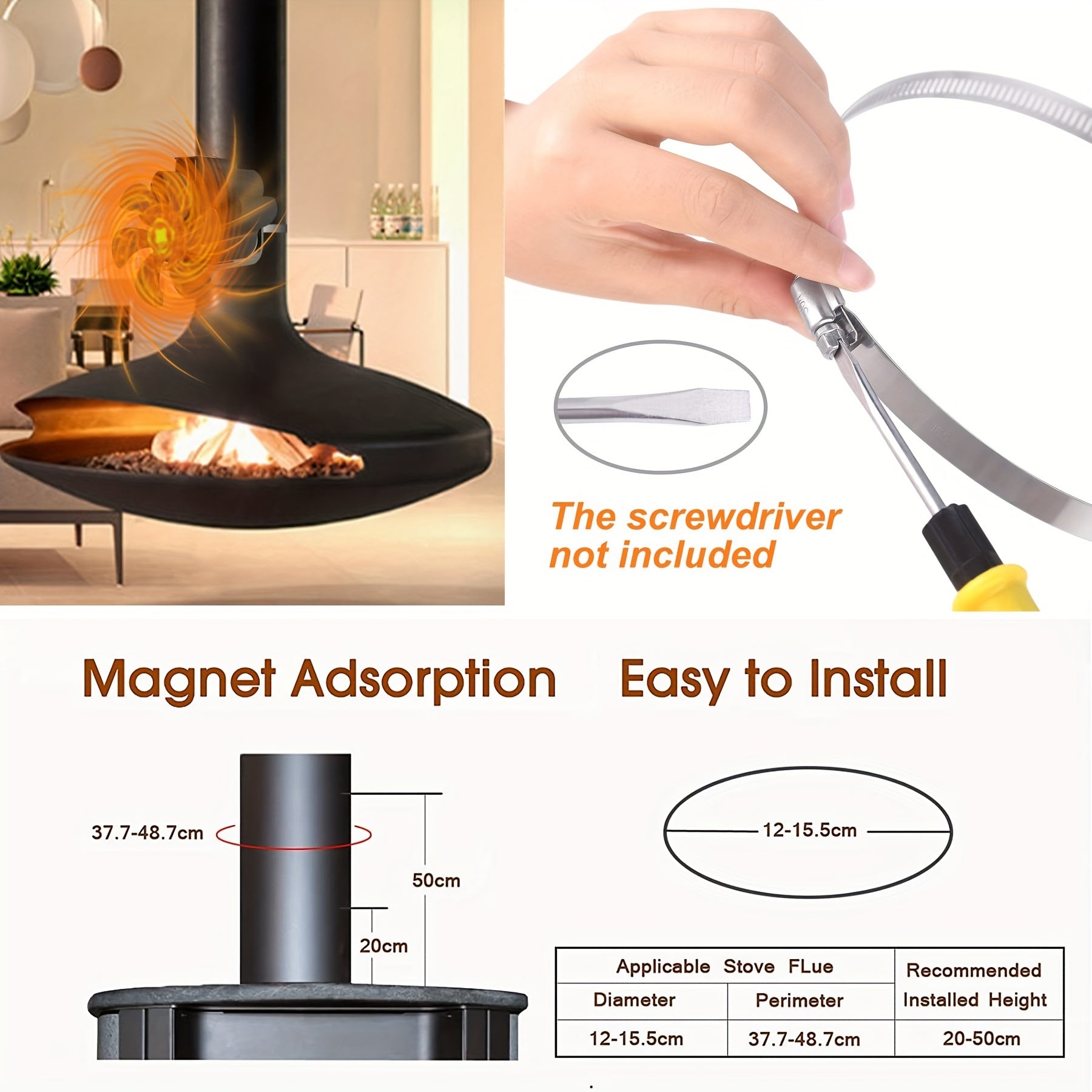 Heat-driven 5-blade stove fan for flue pipe hanging fireplaces log burners wooden stove pipe