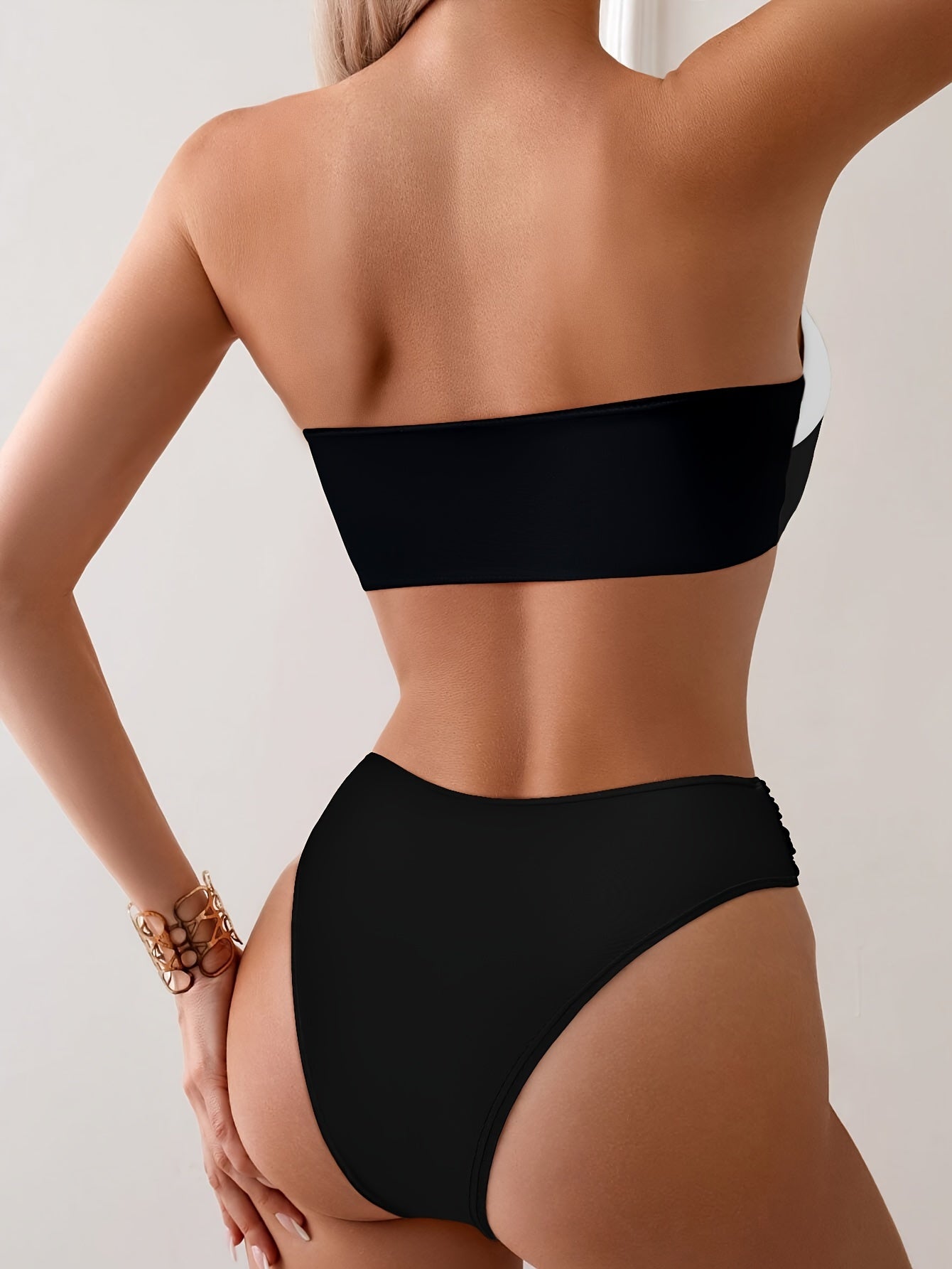 Women's Two-Way Strapless Bikini Swimsuit Black and White High Stretch Knit Solid Color with Frill