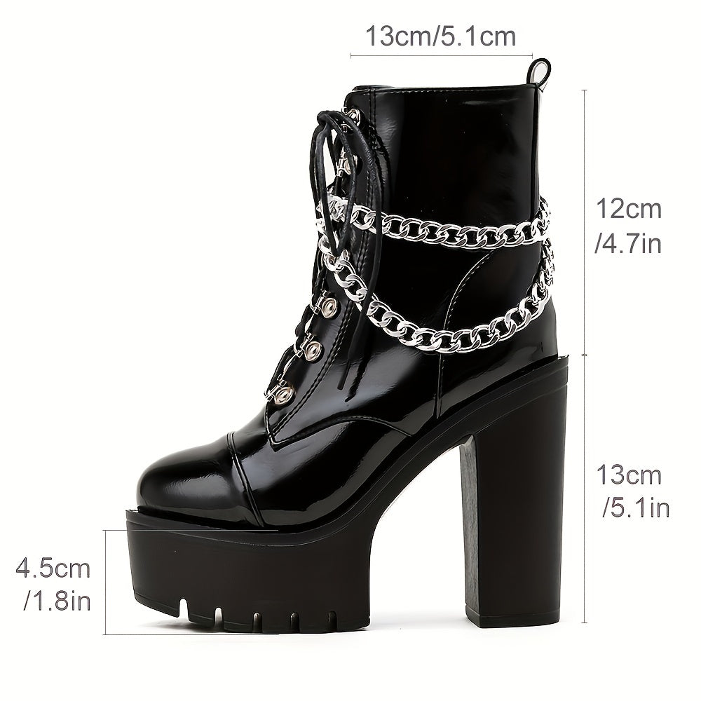 Women Black Gothic Ankle Boots High Heels Lace-Up Chain Decor