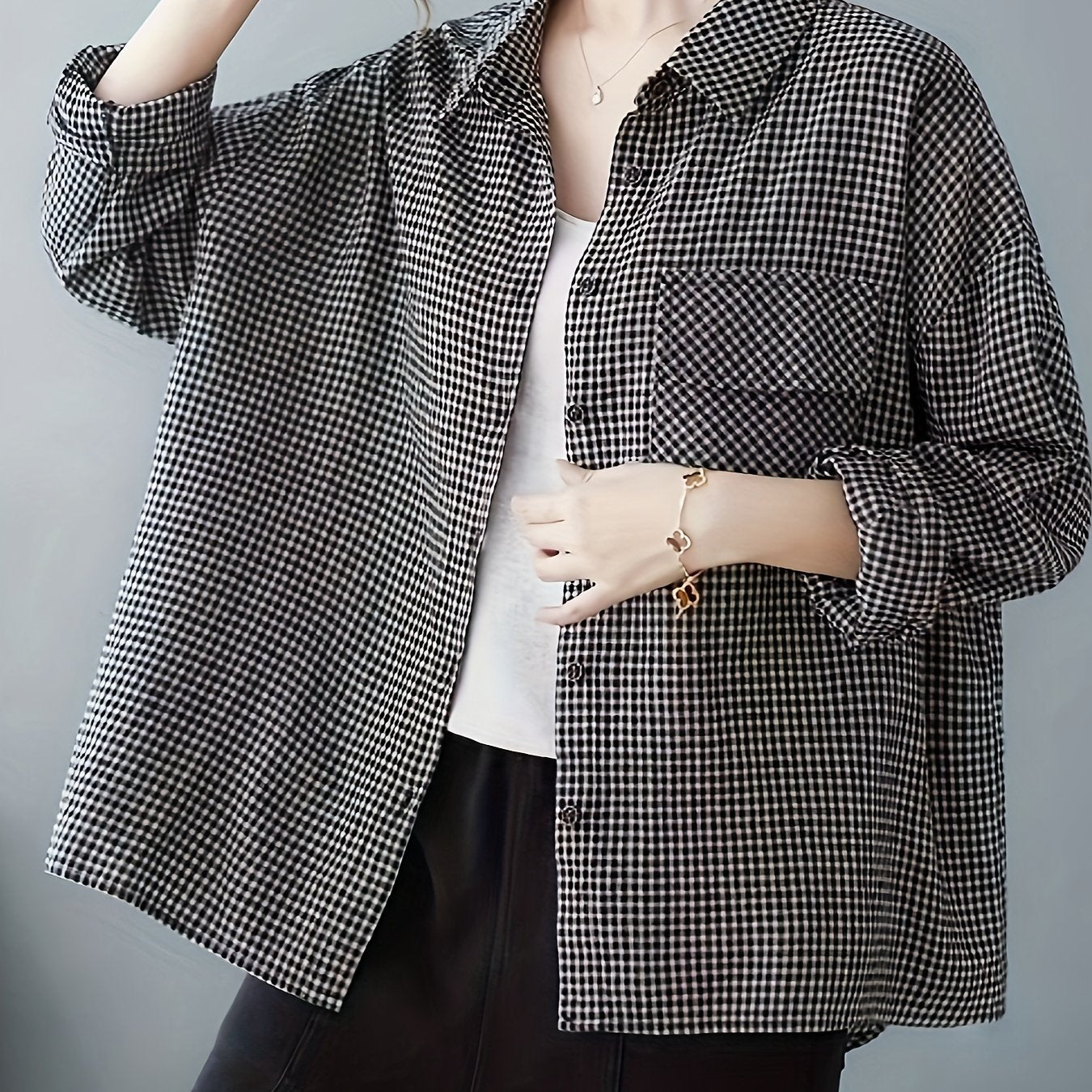 Plus Size Plaid Shirt for Women with Pockets and Collared Design in Polyester