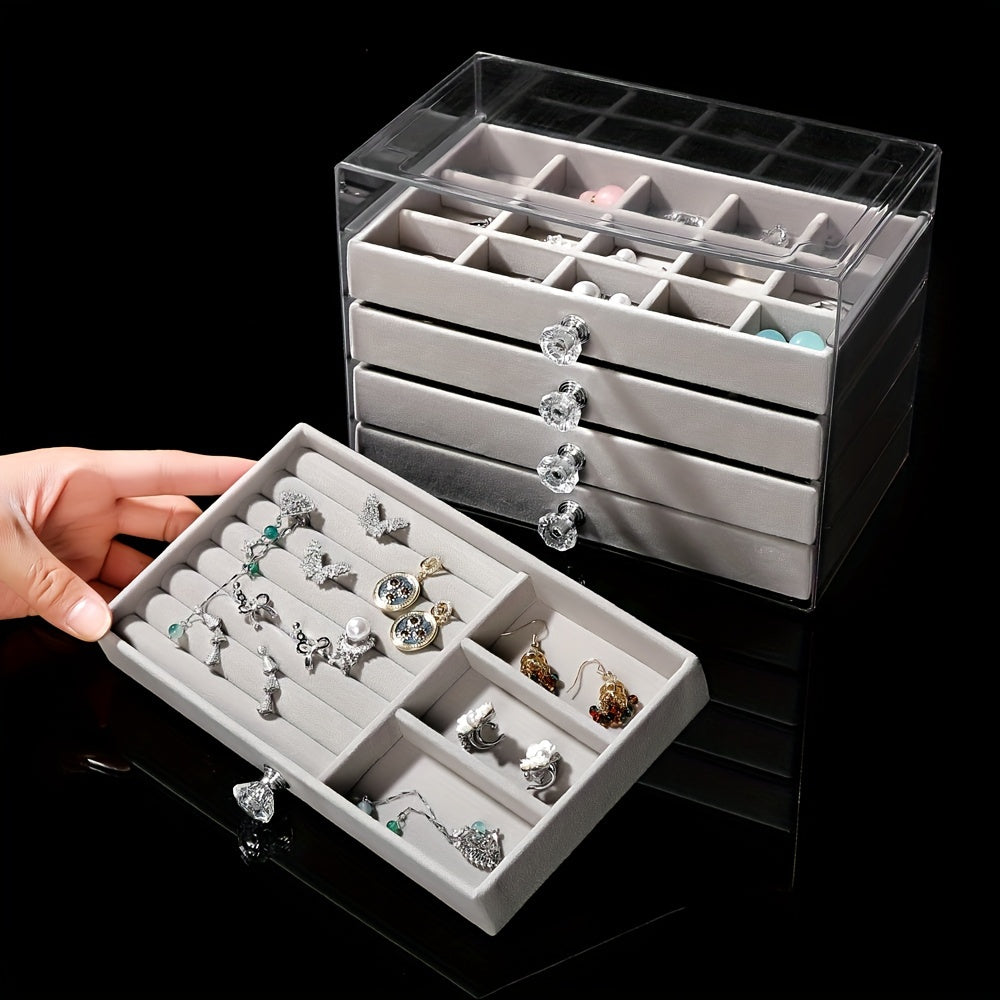 Caja de joyería de cinco capas con cajones para anillos, pendientes, pulseras y relojes. Almacenamiento de plástico con interior de tela