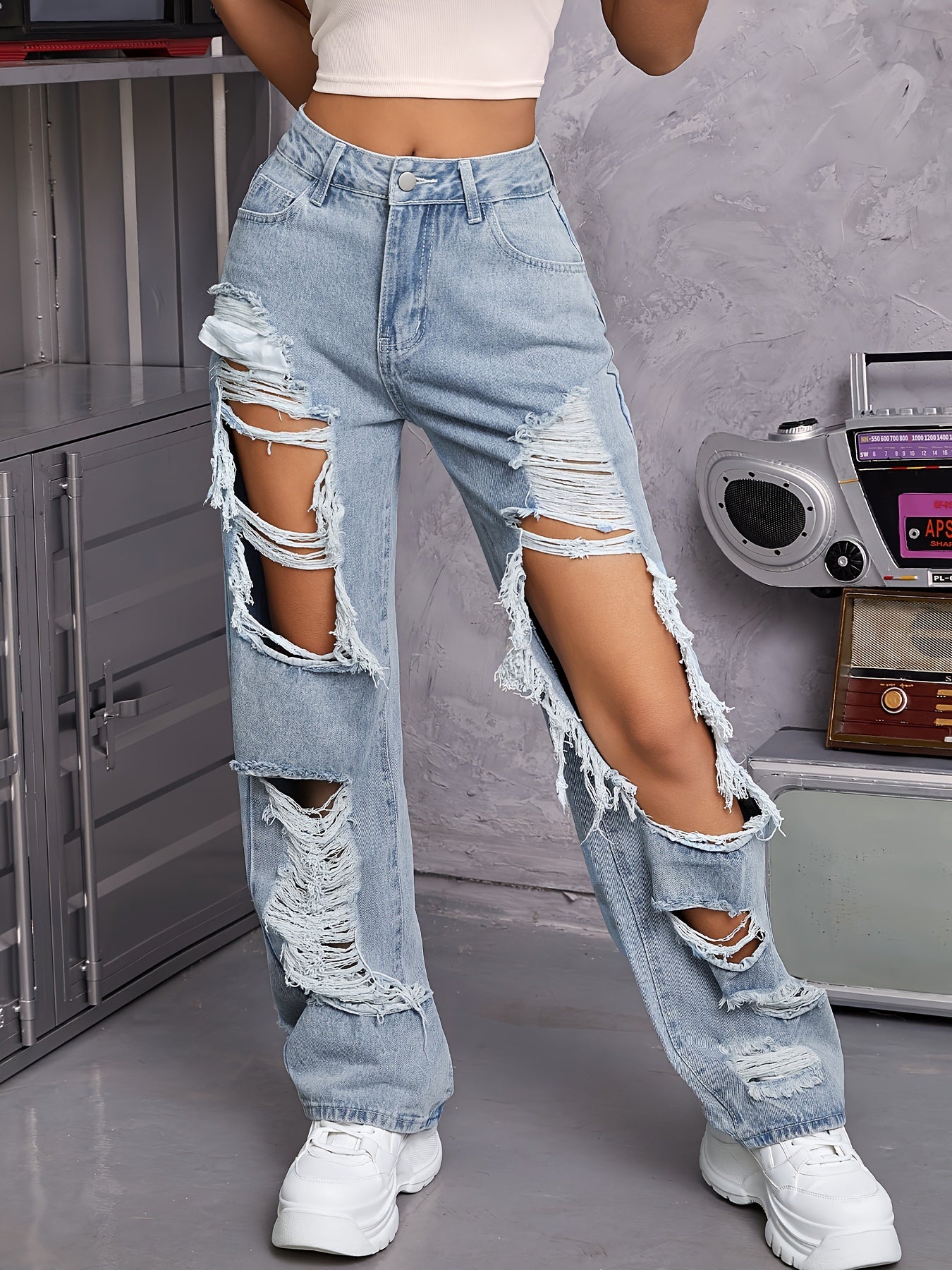 Women's Light Blue High-Waisted Distressed Jeans with Pockets