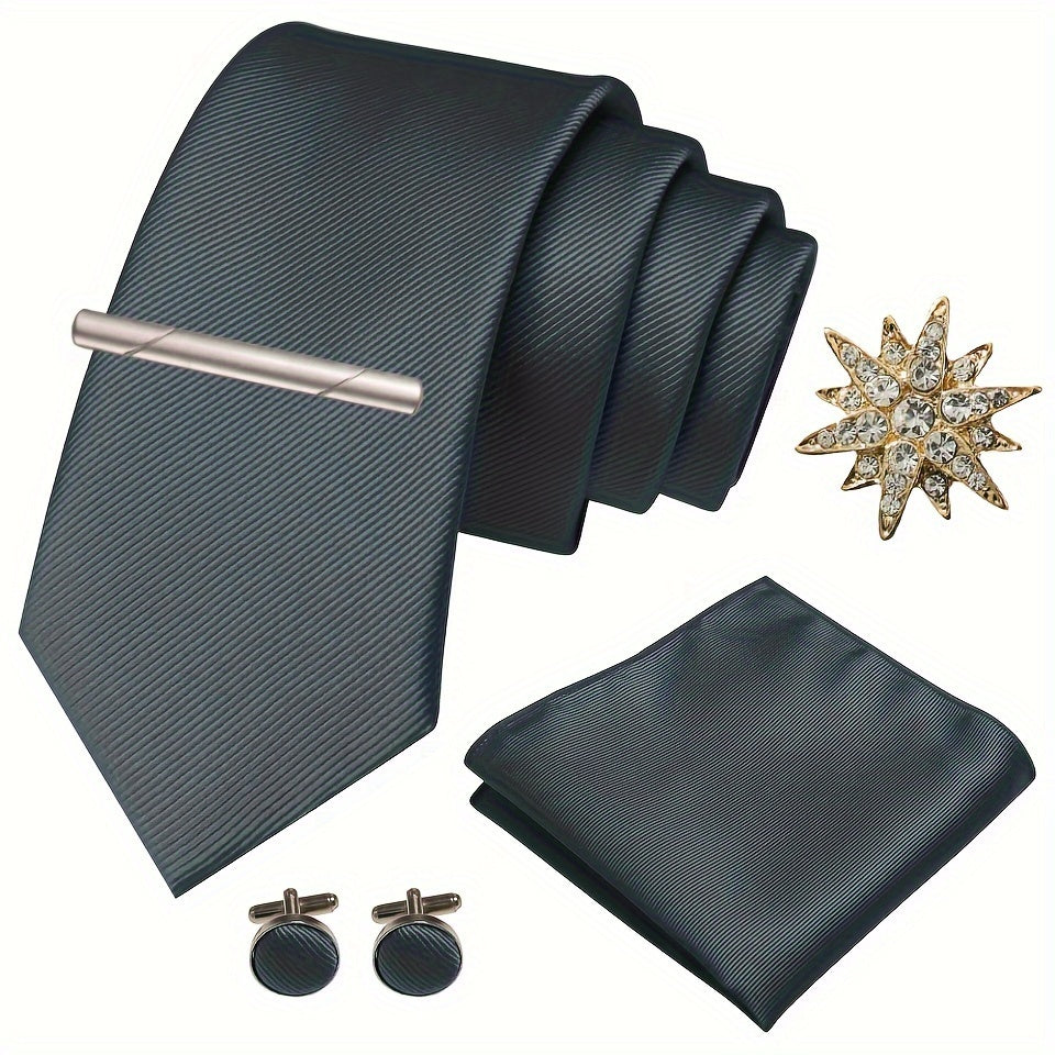 Erkaklar uchun satinning twill galstuk to'plami, galstuk klipi, cho'ntak sharlari, manşet o'rashlar va brosh uchun rasmiy tadbirlar