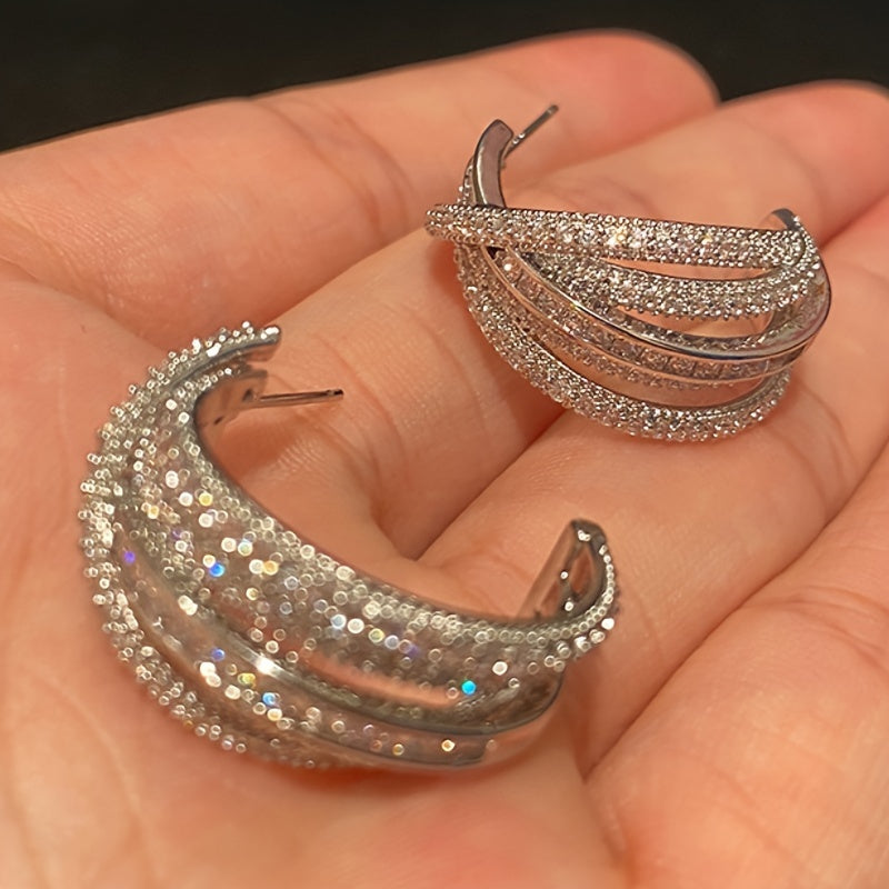 Women's Multi-Layer Earrings with Synthetic Zirconia and C-Shaped Design