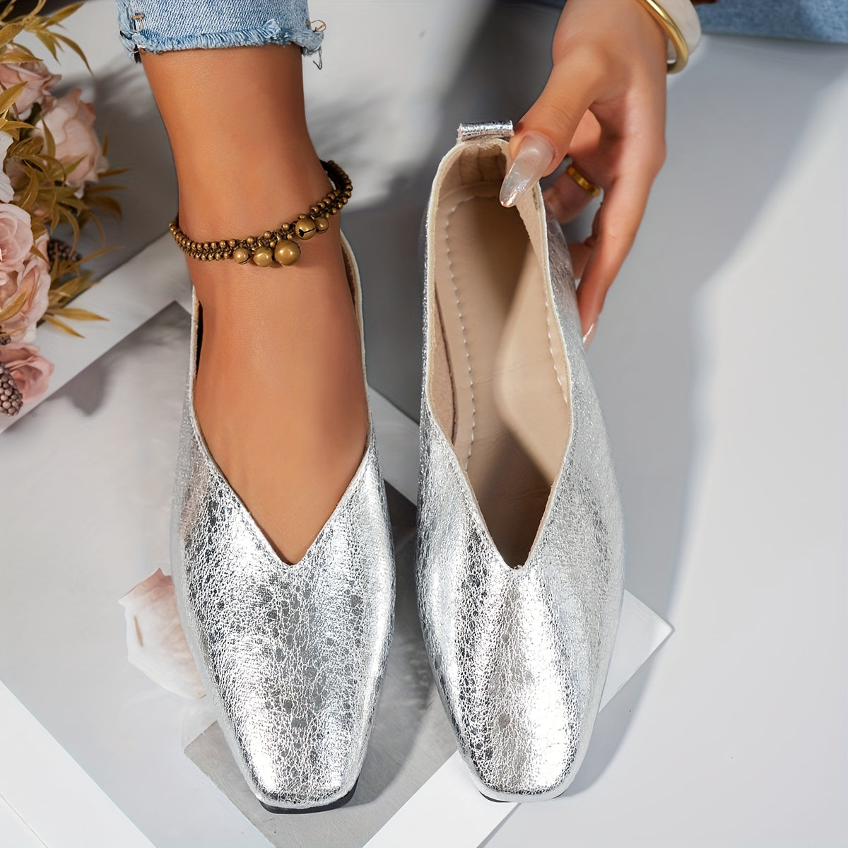 Women's Square Toe Flat Shoes Leather Low Heel Comfortable Work Shoes