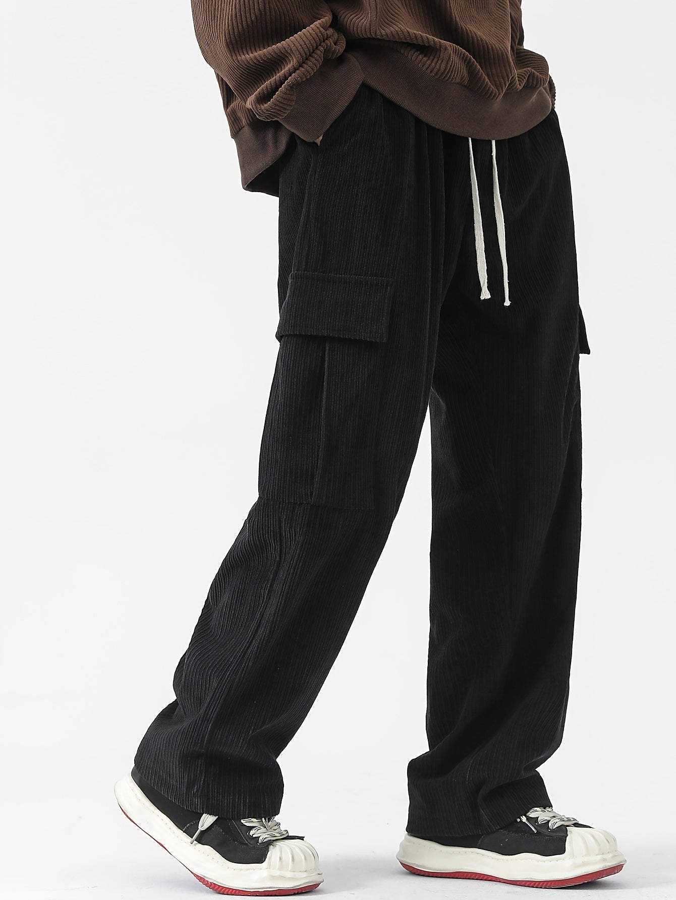 Pantalones cargo de pana gris claro para hombre con múltiples bolsillos y cintura con cordón para otoño e invierno, grandes y altos