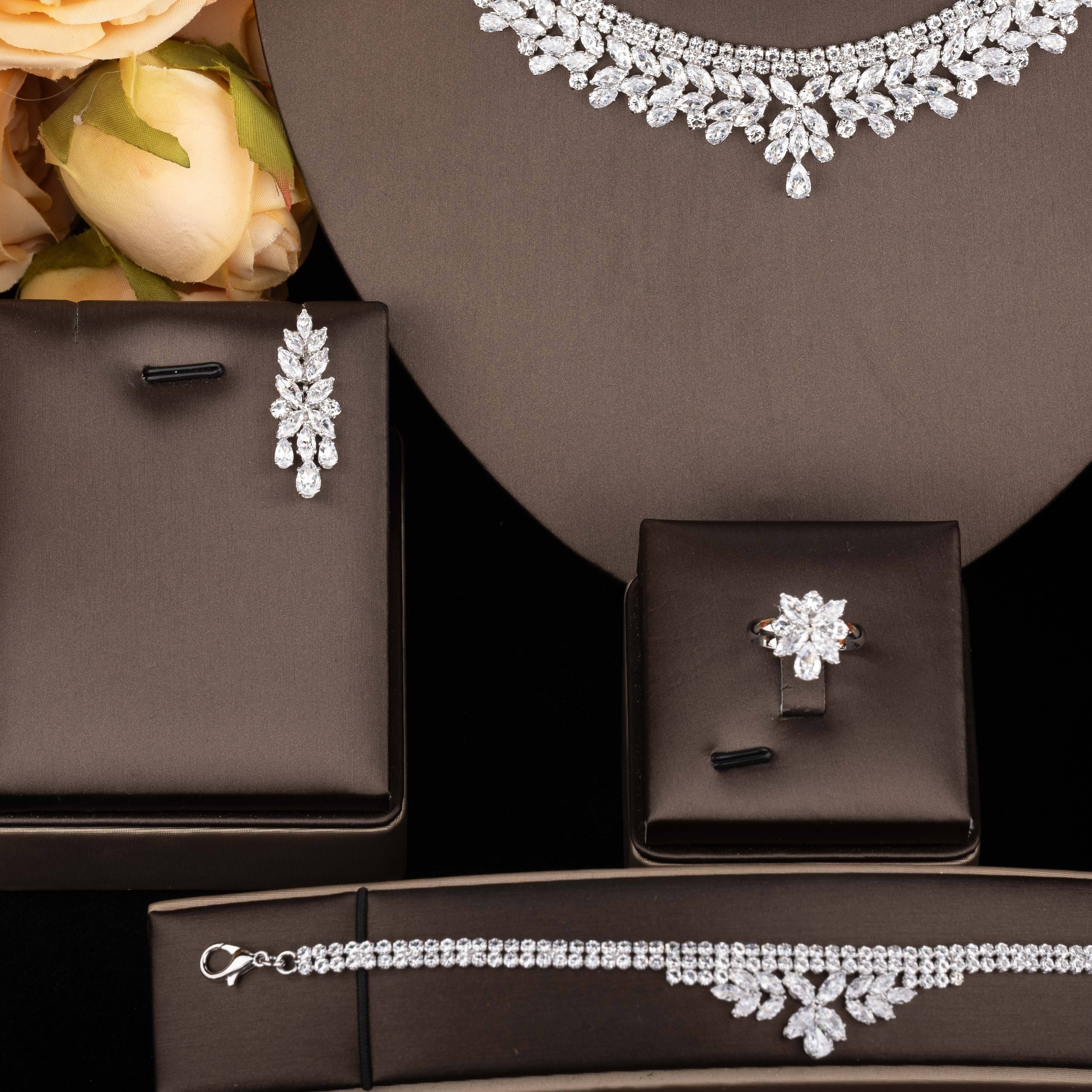 Juego de joyería de boda con zirconia cúbica incrustada en cobre y colgante en forma de lágrima