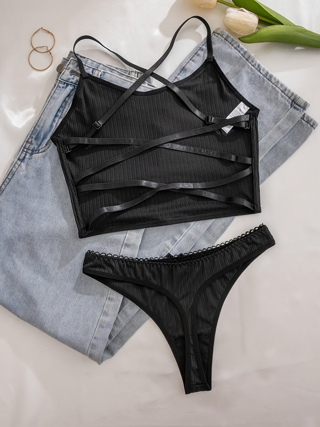 Backless Ribbed Jacquard Crop Top with Cross Strap Detail Lingerie Set for Women