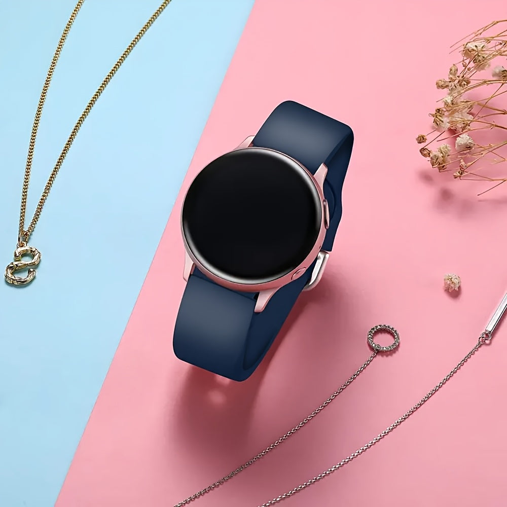 Klassik bir rangli silikon soat to'plami, turli Samsung Galaxy Watch modellari, jumladan Active 2, Watch 5 Pro va Watch 6 Classic bilan mos keladigan qora kamar bilan. 20mm yumshoqni o'z ichiga oladi.