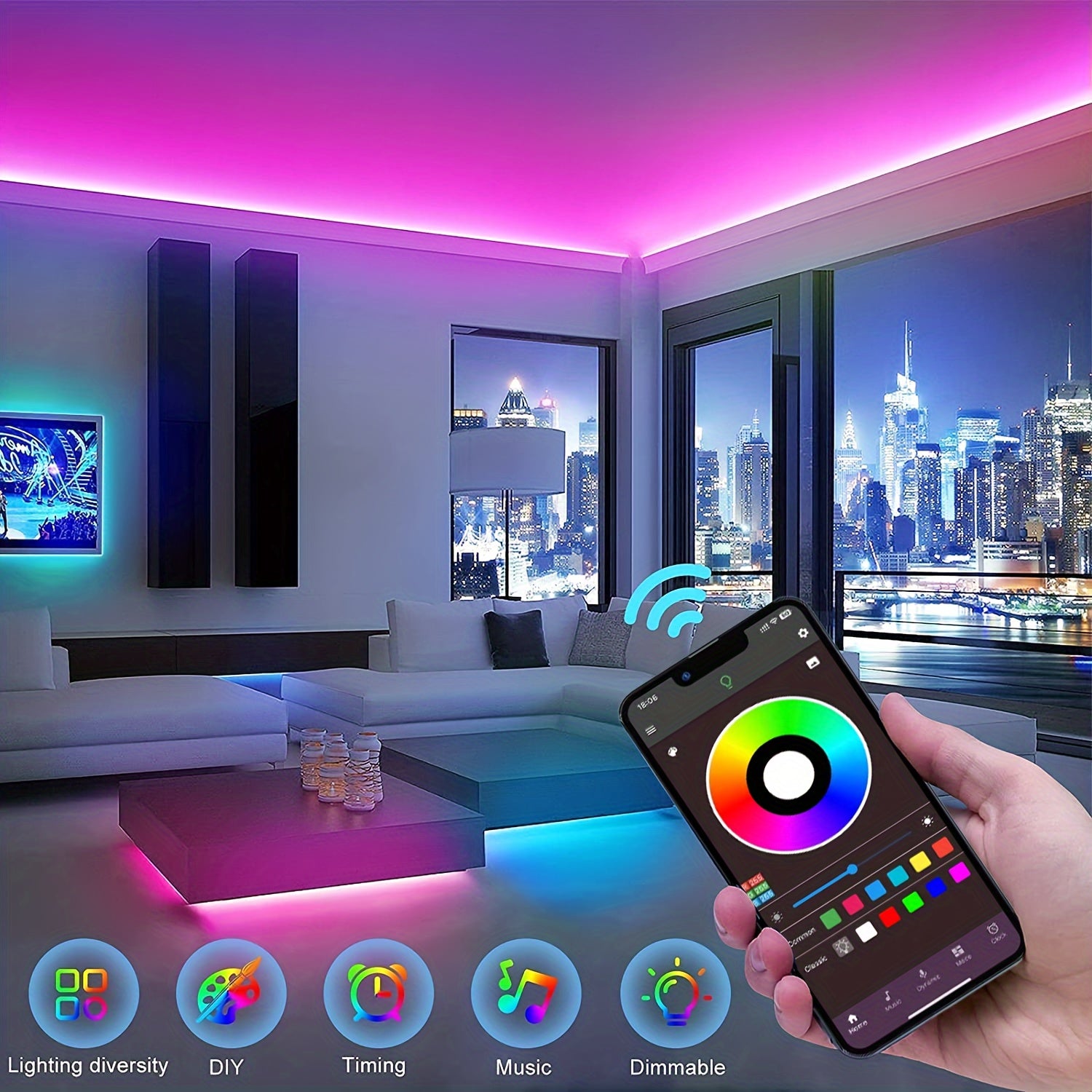 LED Strip Lights 4.88-30.48m with Remote App Control Dimmable Color Changing Music Sync