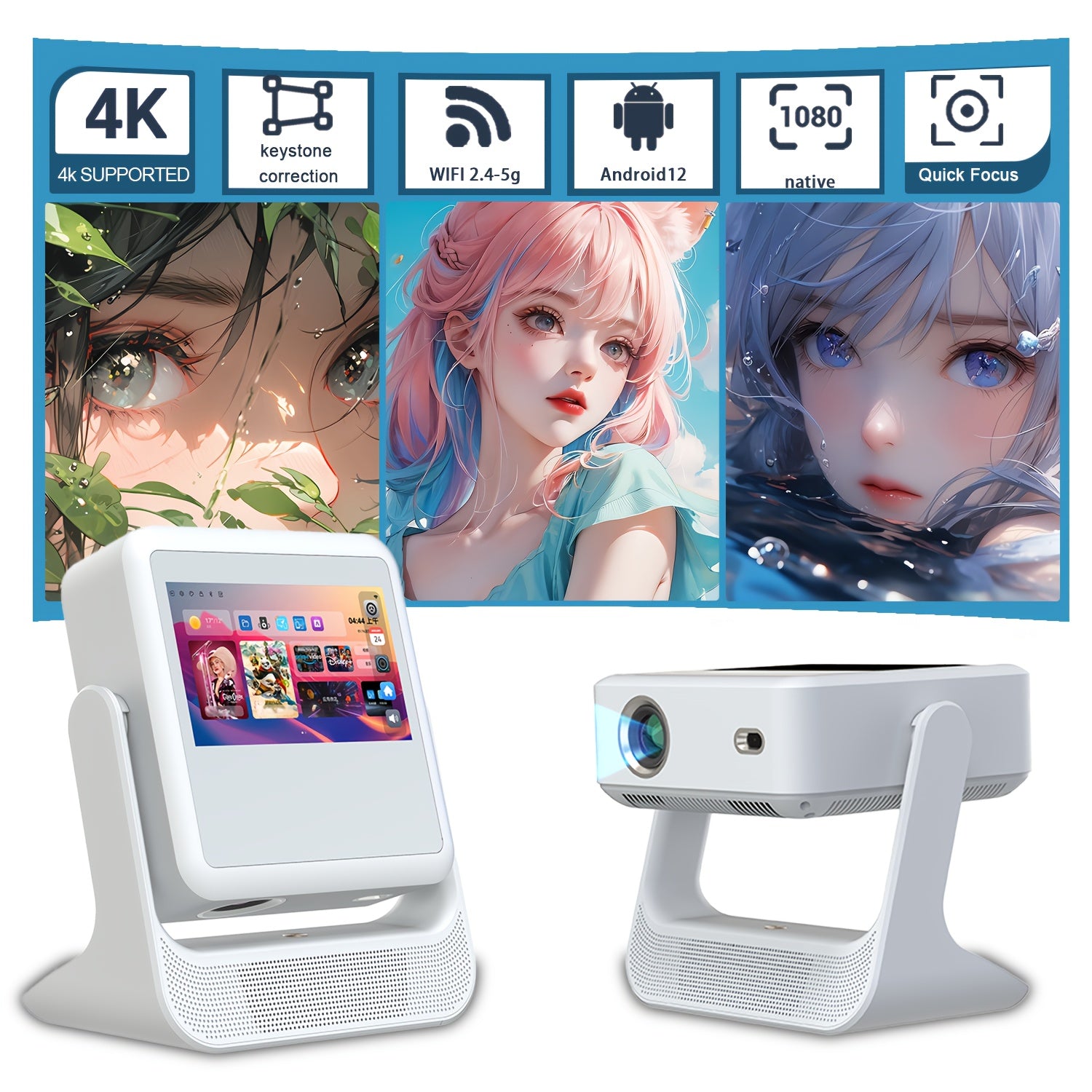 Проектор для домашнего кинотеатра 1080P 4K с поддержкой, сенсорный экран 8 дюймов, WiFi 6