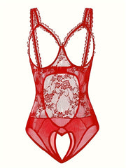 Lingerie Lace Teddy with Open Bust and Crotch Mesh Bodysuit Stocking