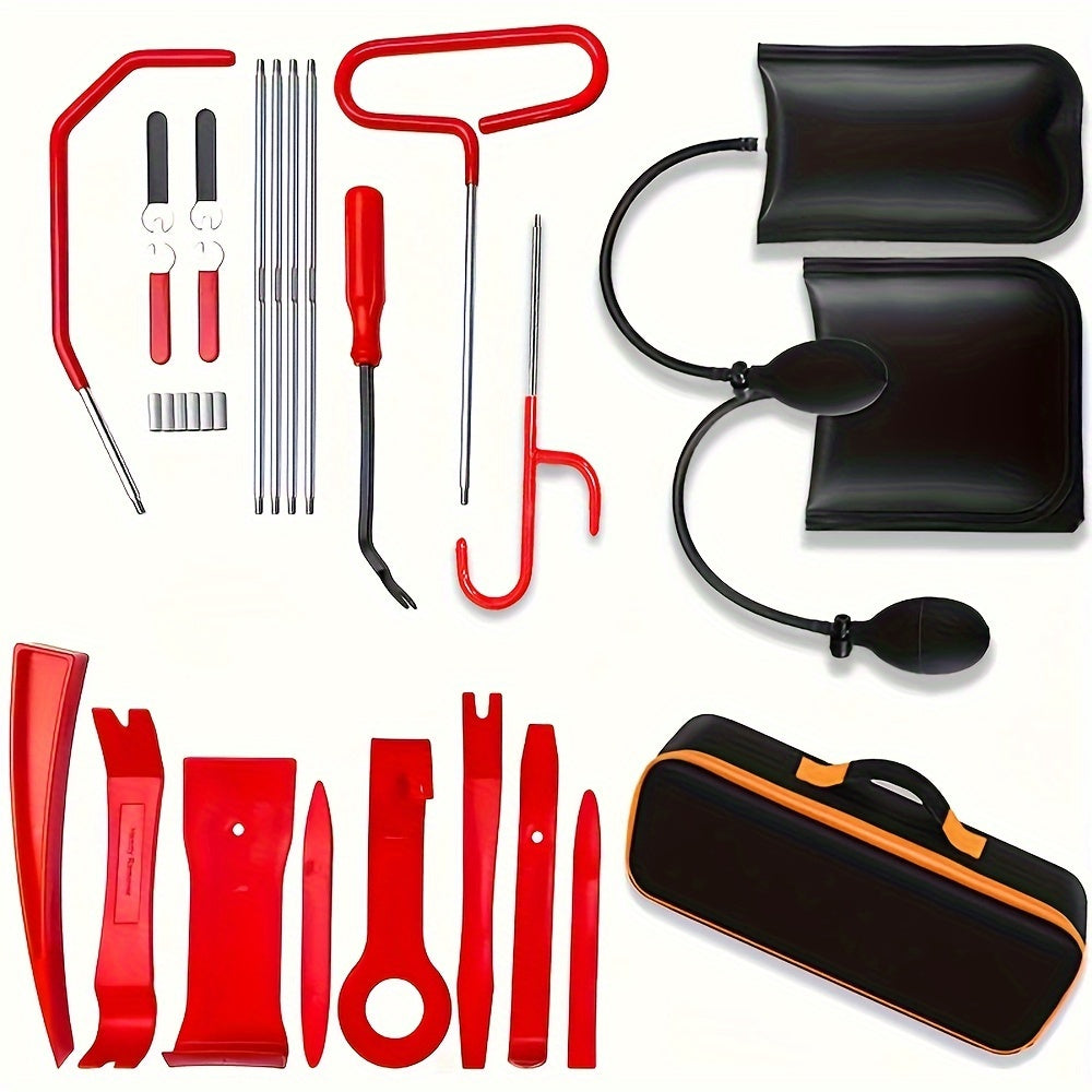 18pcs Car Emergency Tool Kit with Air Wedge and Organizer for Garage Storage