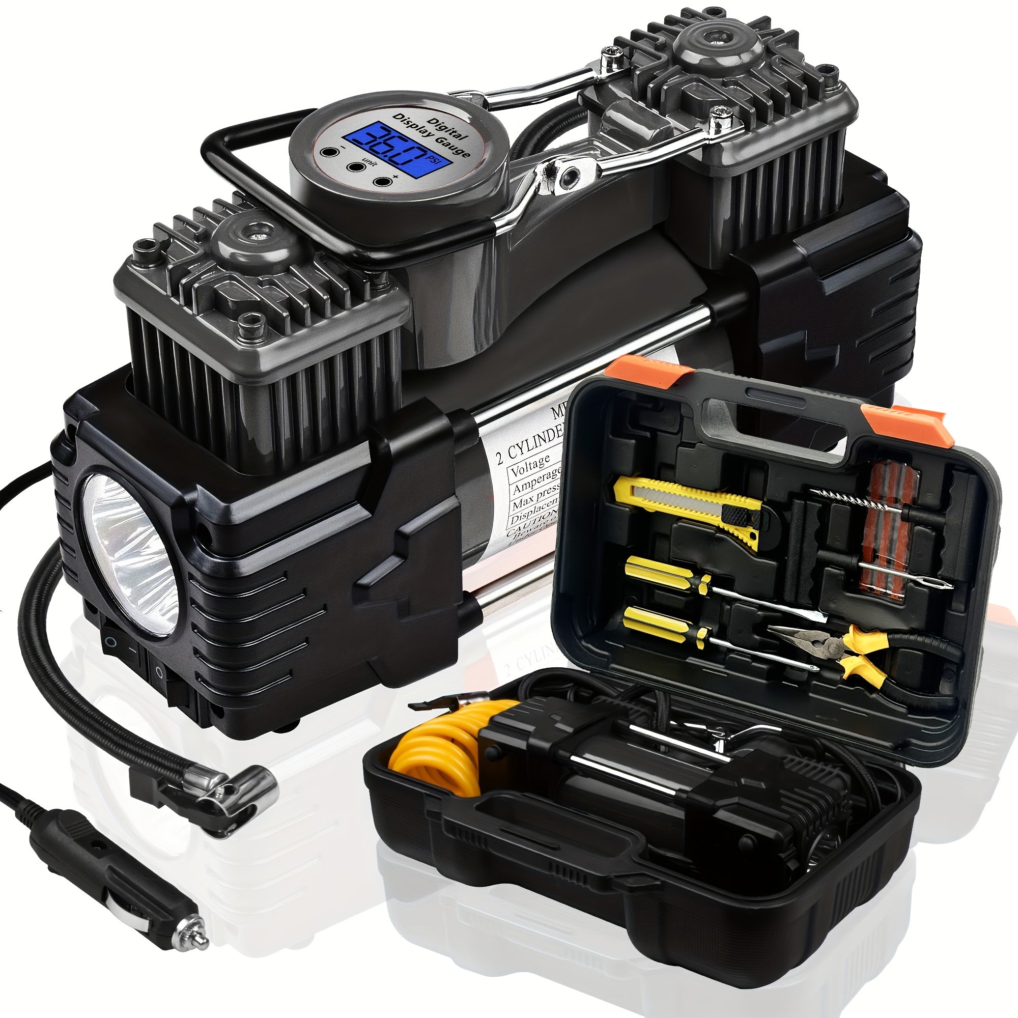 Twin Cylinder Portable Air Compressor with Digital Gauge and LED Light 12V 150 PSI