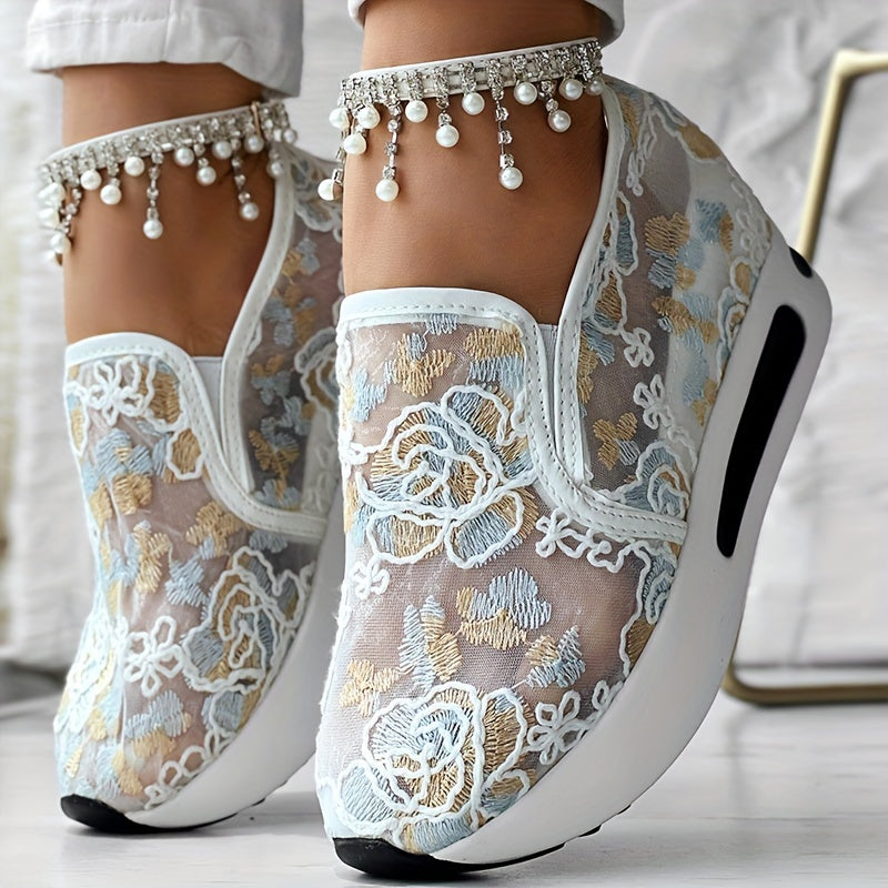 Women’s Colorful Embroidered Floral Slip-On Sneakers Breathable Fabric