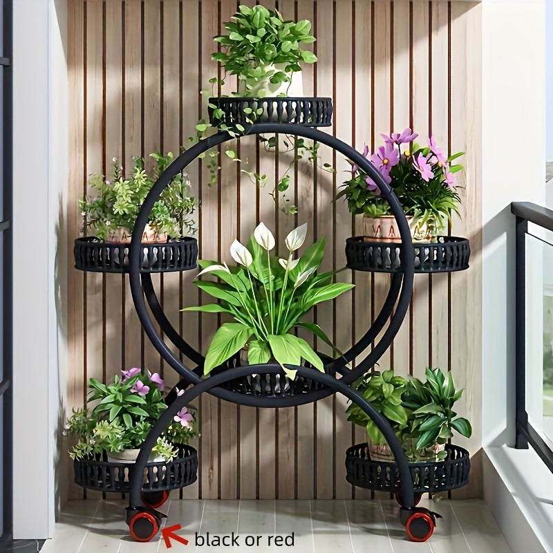 European-Style Metal Hanging Plant Stand with Wheels Multi-Level Indoor Outdoor Circular Design