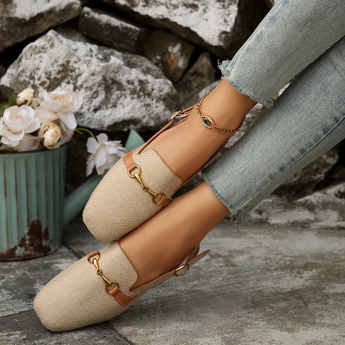 Women's Beige Mary Jane Flats with Buckle Closure Comfortable Square Toe