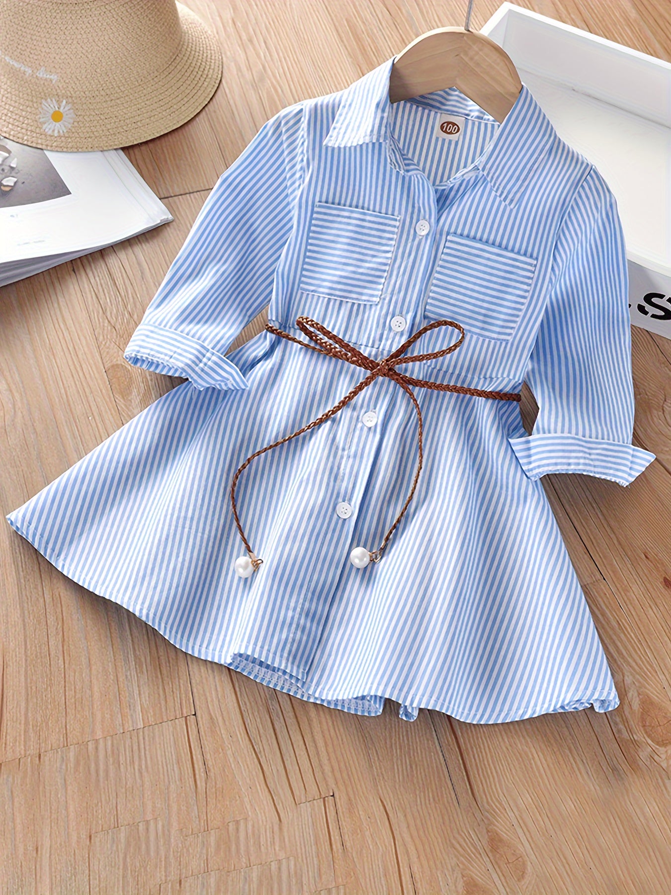 Girls' Striped Cotton Blend Shirt Dress with Pockets for Spring Summer Fall, One Size Smaller