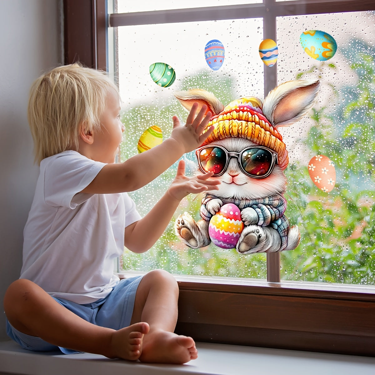 Dual-Sided Easter Bunny Egg Window Decal Reusable PVC Static Cling