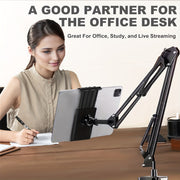 Soporte ajustable para tableta y teléfono en cuello de cisne de acero al carbono, rotación de 360°, resistente al agua, para cama, negro